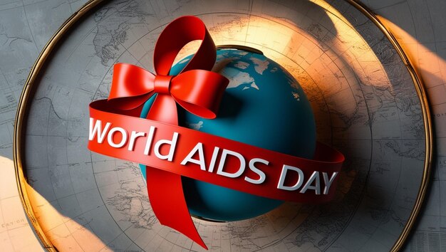 World AIDS Day Banner Red Ribbon on Gray Map Background