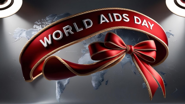 World AIDS Day Banner Red Ribbon on Gray Map Background