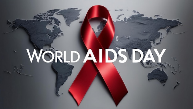 World AIDS Day Banner Red Ribbon on Gray Map Background