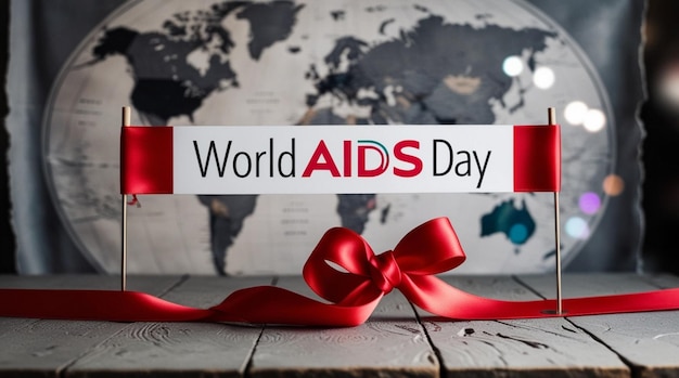 World AIDS Day Banner Red Ribbon on Gray Map Background