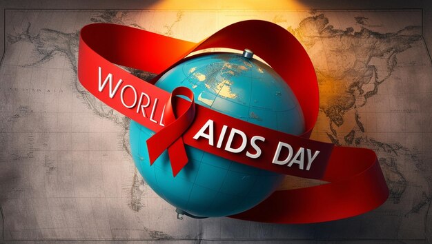 World AIDS Day Banner Red Ribbon on Gray Map Background