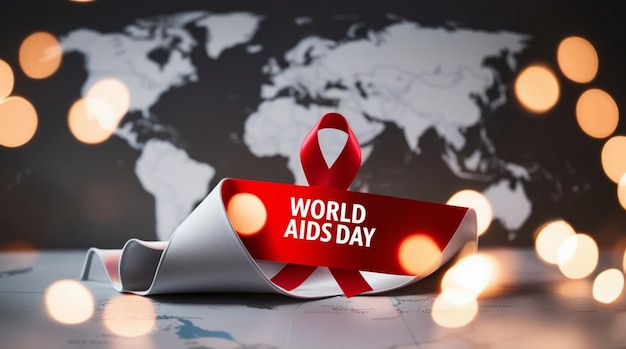 World AIDS Day Banner Red Ribbon on Gray Map Background