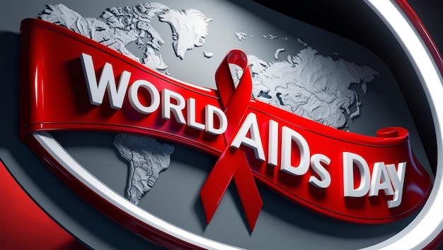 World AIDS Day Banner Red Ribbon on Gray Map Background