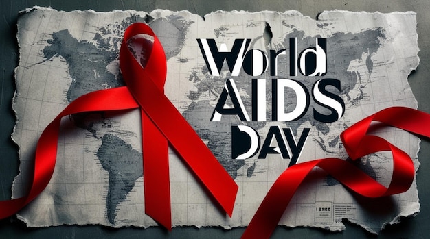 Photo world aids day banner red ribbon on gray map background