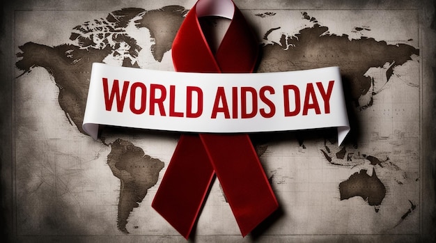 World AIDS Day Banner Red Ribbon on Gray Map Background