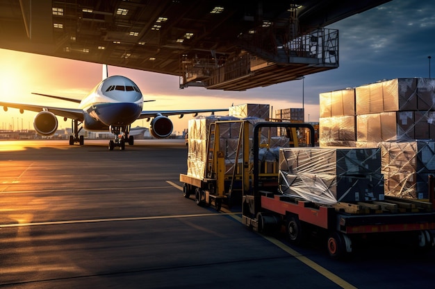 world of air cargo transportation Depict a bustling airport tarmac with cargo planes of various sizes being loaded and unloadedGenerated with AI