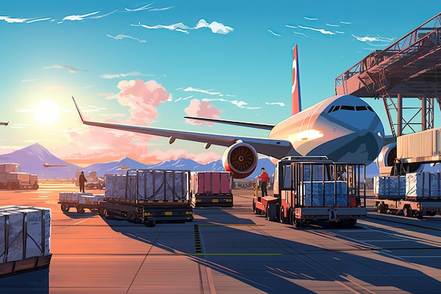 world of air cargo transportation Depict a bustling airport tarmac with cargo planes of various sizes being loaded and unloadedGenerated with AI