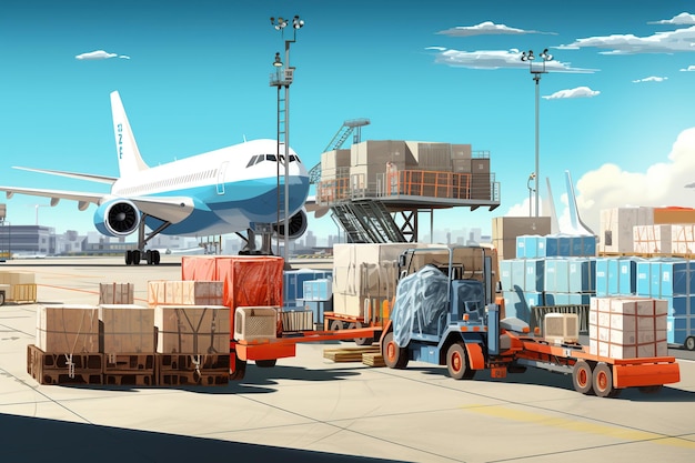 world of air cargo transportation Depict a bustling airport tarmac with cargo planes of various sizes being loaded and unloadedGenerated with AI