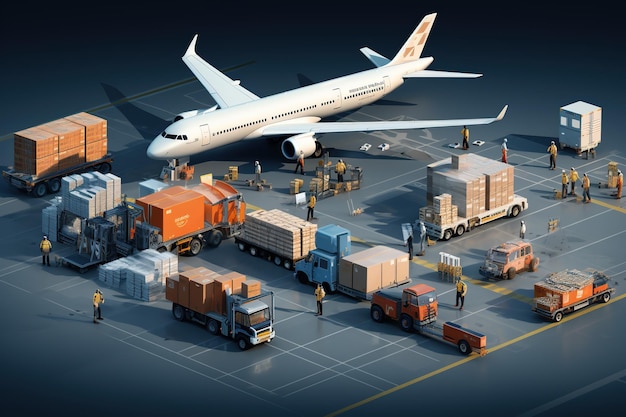 world of air cargo transportation Depict a bustling airport tarmac with cargo planes of various sizes being loaded and unloadedGenerated with AI