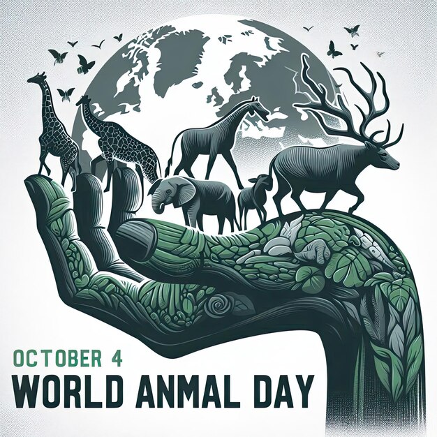 World animal day with world map and animal on hand background celebrated on october 4