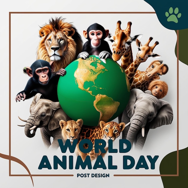 Photo world animals day collage concept with globe art design with animals