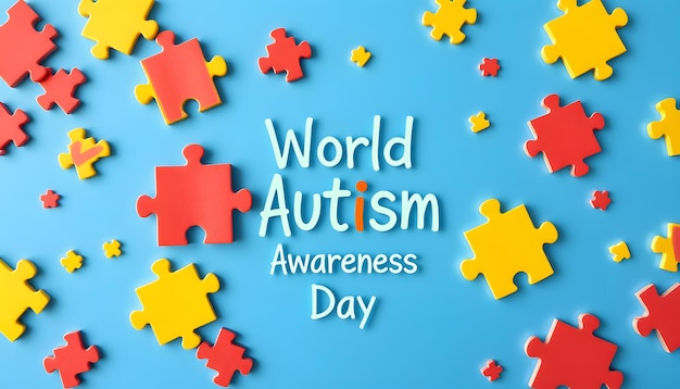 Photo world autism awareness day card colorful puzzles on blue background isolated with white highlights