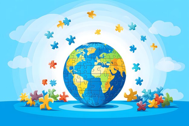 World autism awareness day concept Global puzzle pieces assembled into globe