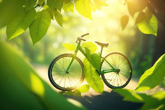 World bicycle day Bicycle emitting fresh green leaves background Sustainable and healthy concept ai generative