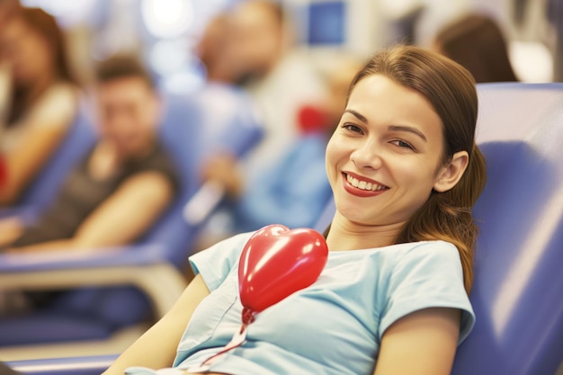 World Blood Donor Day A happy woman sitting in a chair with a red heart on her electric blue tshirt