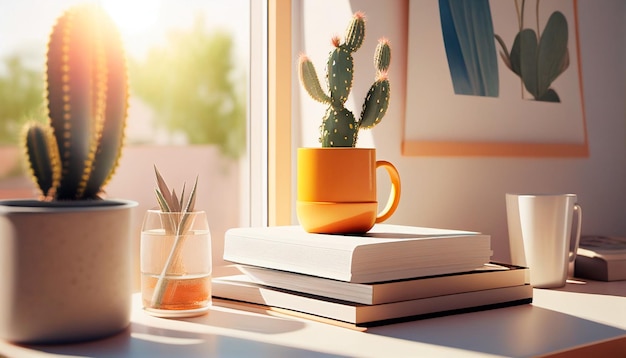 World book day A stack of books a small cactus in a yellow pot on a modern white table