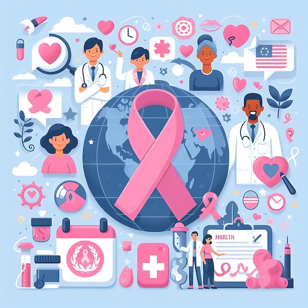 World Breast Cancer Awareness Month Social Media Post Template Flat Cartoon Background Vector