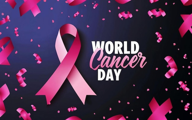 World Cancer Day awareness with purple ribbon and related elements decorated background poster