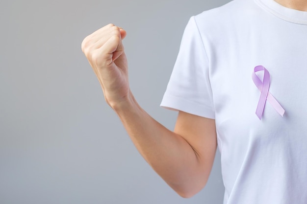 World cancer day (February 4). Lavender purple ribbon for supporting people living and illness. Healthcare and medical concept