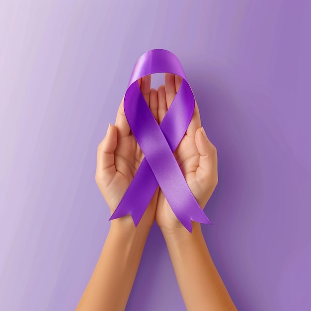 World cancer day hands holding purple ribbon on grey background with copy space for text