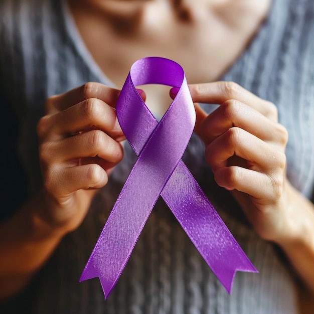 World cancer day hands holding purple ribbon on grey background with copy space for text