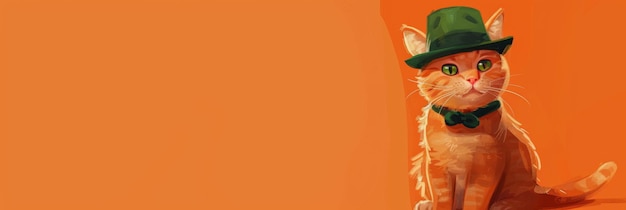 Photo world cat day cute cat in a green hat and bow orange background free space for text horizontal banner flat illustration greeting or invitation card patricks day