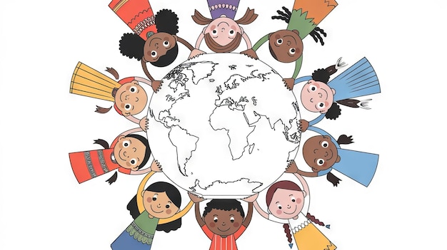 World Children Celebrating Diversity Around a Globe Earth Map