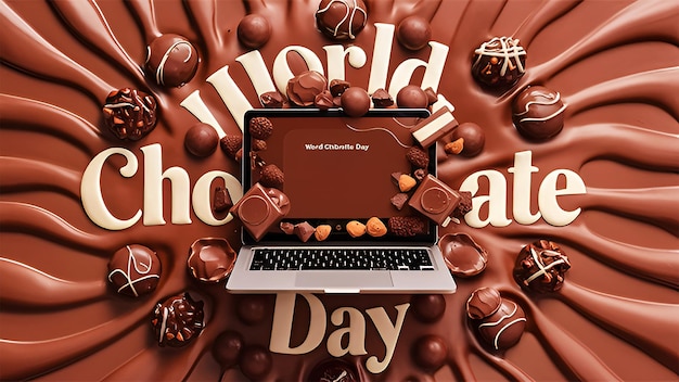 World Chocolate Day showcasing a laptop adorned with delectable chocolate treats on a sumptuous chocolaty backdrop