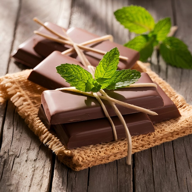 World Chocolate Day with Mint on Table Copy Space of Chocolate Pieces