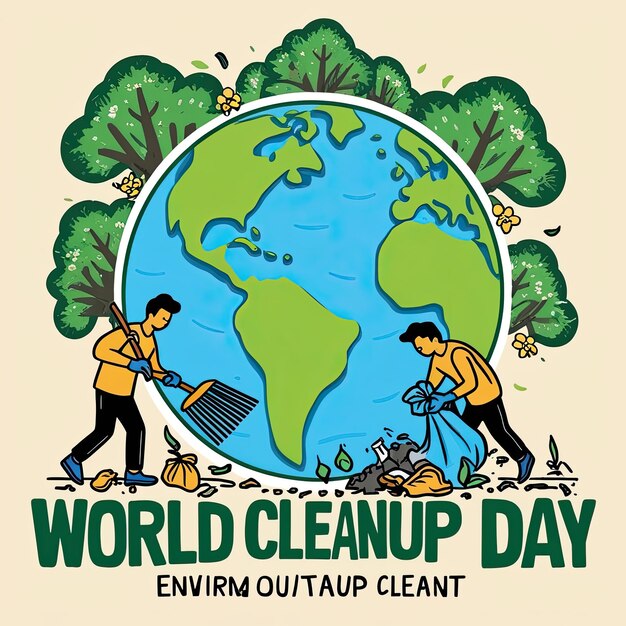 Photo world cleanup day holiday design volunteers cleaning trash with planet earth backdrop