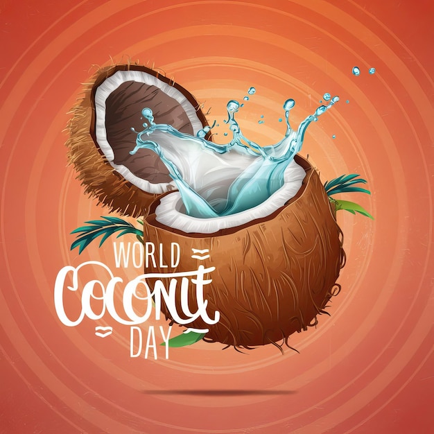 Photo world coconut day poster banner with fresh coconuts on vibrant