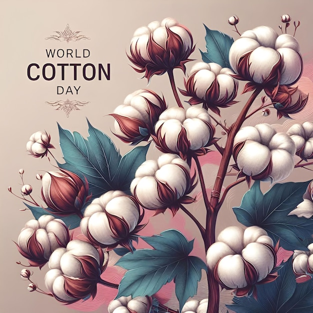 World Cotton Day Celebration Elegant Cotton Branches with Flowers Ai Generative