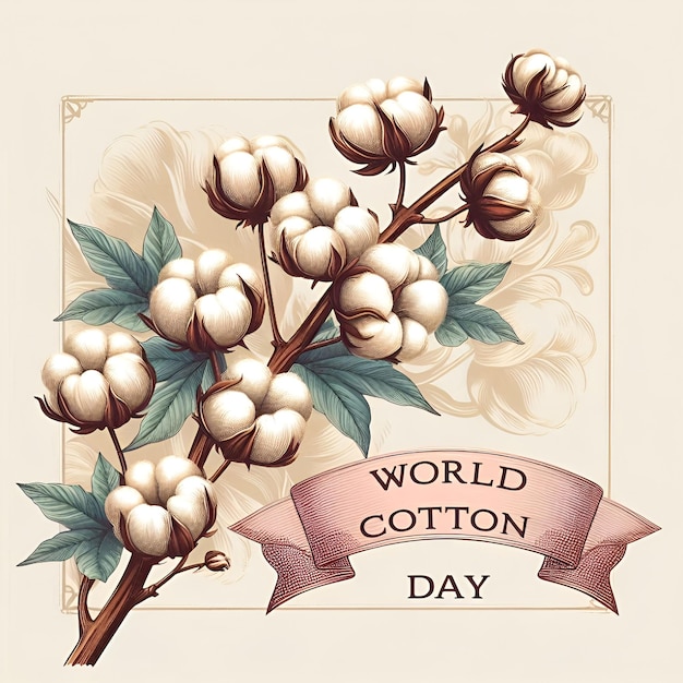 World Cotton Day Celebration Elegant Cotton Branches with Flowers Ai Generative