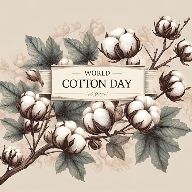 World Cotton Day Celebration Elegant Cotton Branches with Flowers Ai Generative