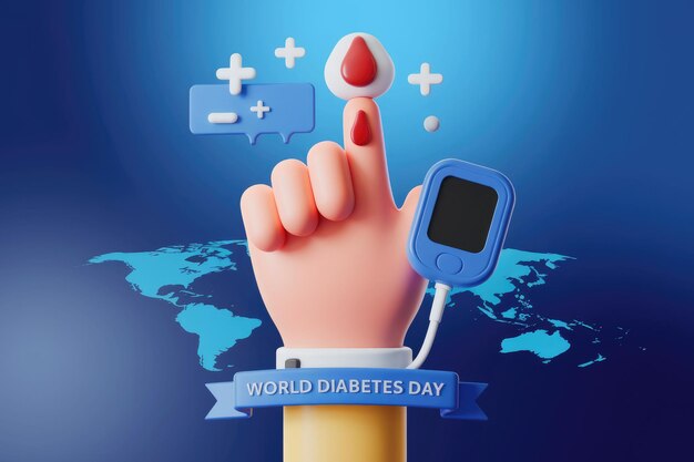 World Diabetes Day Blood Drop Hand Heart Blue Glucometer Global Map Plus Minus Signs