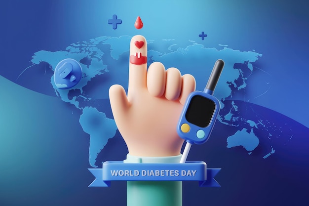 World Diabetes Day Blood Drop Hand Heart Blue Glucometer Global Map Plus Minus Signs