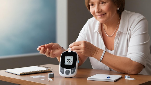 Photo world diabetes day female diabetic using skin sensor to measure blood glucose levels