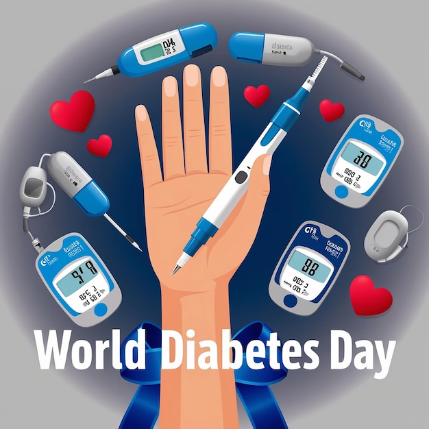 Photo world diabetes day illustration hand with insulin pen glucose meters on blue