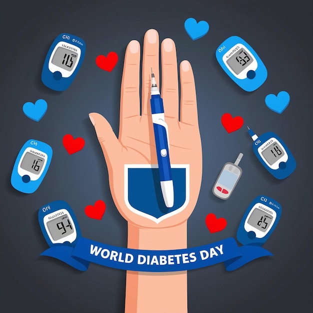 Photo world diabetes day illustration hand with insulin pen glucose meters on blue