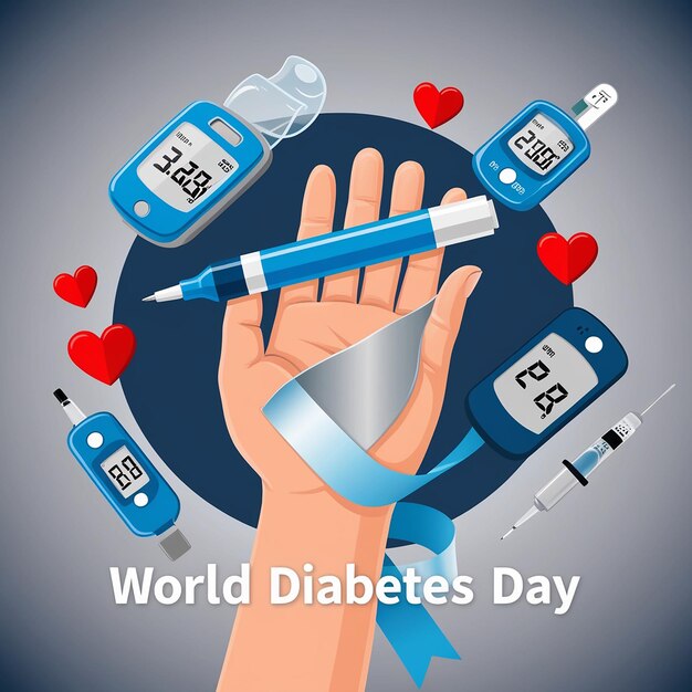 Photo world diabetes day illustration hand with insulin pen glucose meters on blue