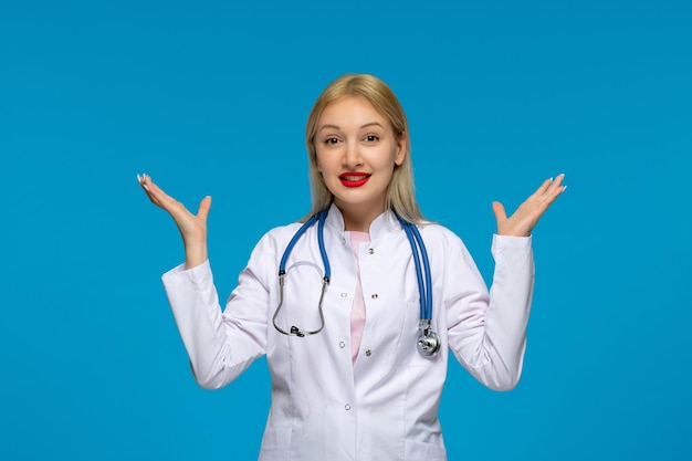 World doctors day happy cute doctor with the stethoscope in the lab coat waving hands