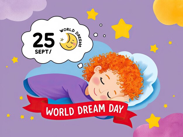 Photo world dream day banner design featuring cartoon character