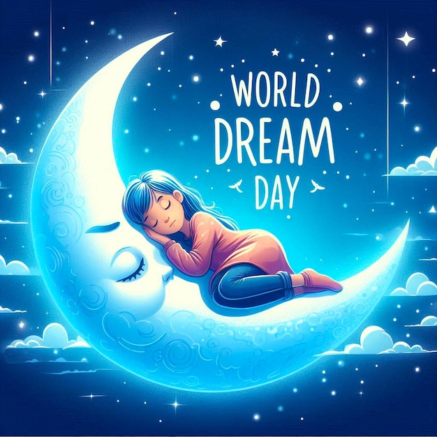 Photo world dream day poster design concept with a kids sleeping on a bright half moon on night jpg