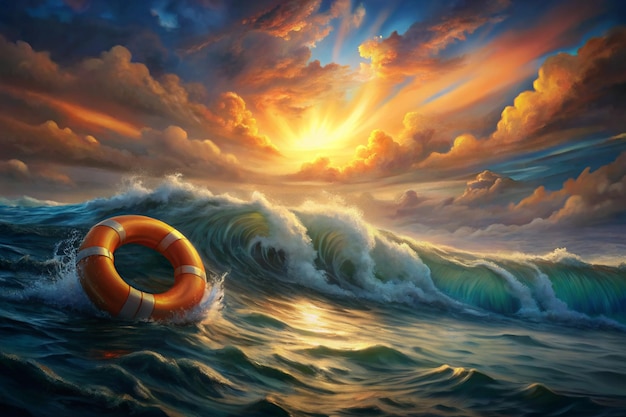 World Drowning Prevention Day illustration of Lifebuoy floating on sea