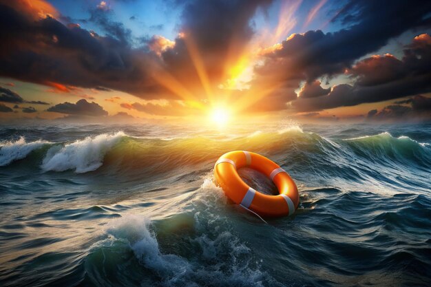 World Drowning Prevention Day illustration of Lifebuoy floating on sea