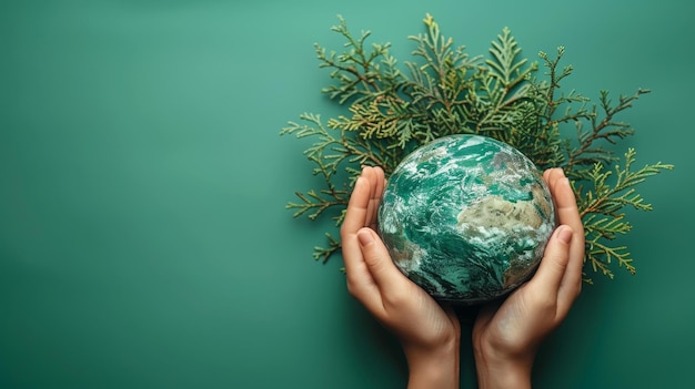 Photo world earth day backdrop hands cradle earth against vibrant green minimalist setting ai image