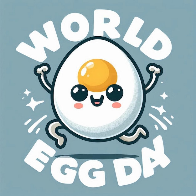 World egg day greeting card with vector funny cartoon cute smiling tiny egg character isolated on blue background Egg day poster or banner