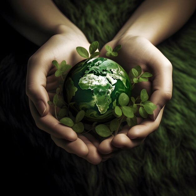 World environment Concept Green globe in hands Earth day banner Save the planet AI generative