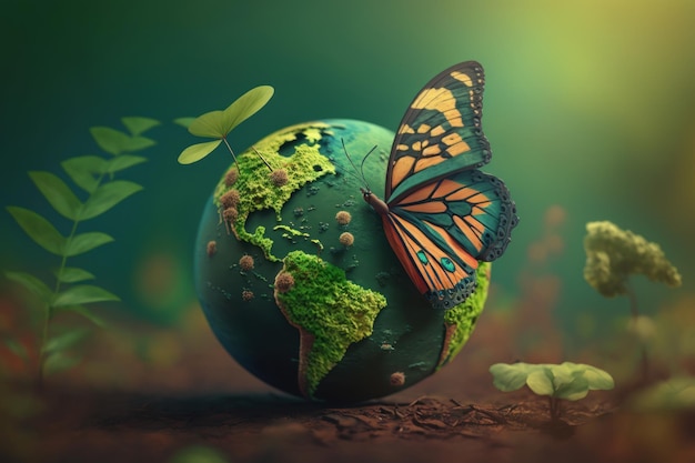 World environment day background with earth and butterfly Earth day Generative AI