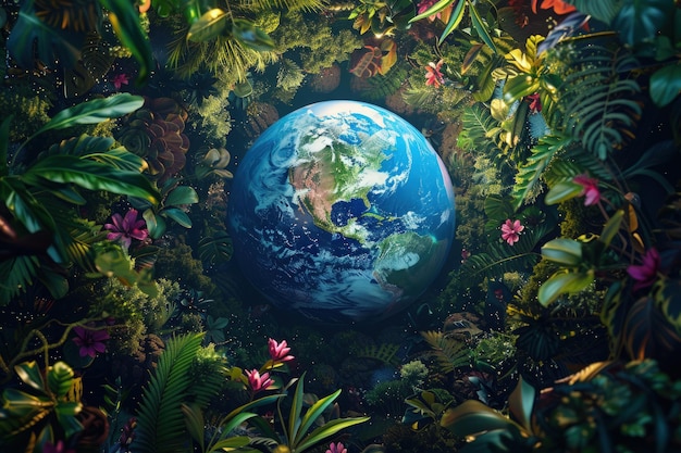 World Environment Day Concept Earth Surrounded by Thriving Plants